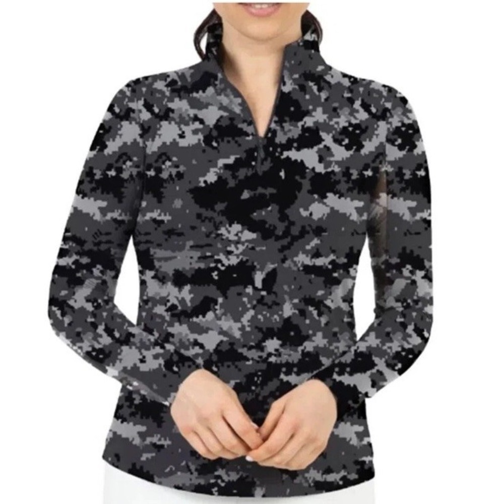 Women's  IBKUL CAMO GRAY BLACK Long Sleeve Mock Golf Shirt Quarter Zip. SPF EUC